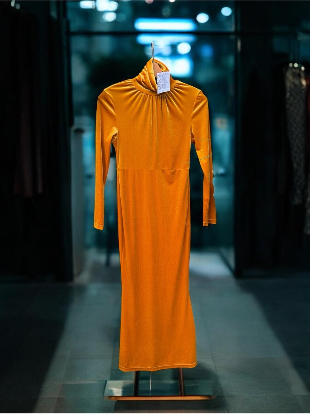 OYROSY Long Sleeve Turtleneck Velvet Maxi Dress in Mustard a-line hem